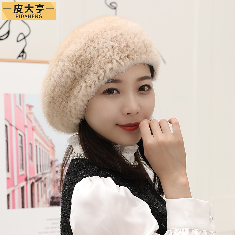 貂皮帽子女冬季贝雷帽新款水貂毛韩版潮时尚百搭保暖护耳帽皮草帽