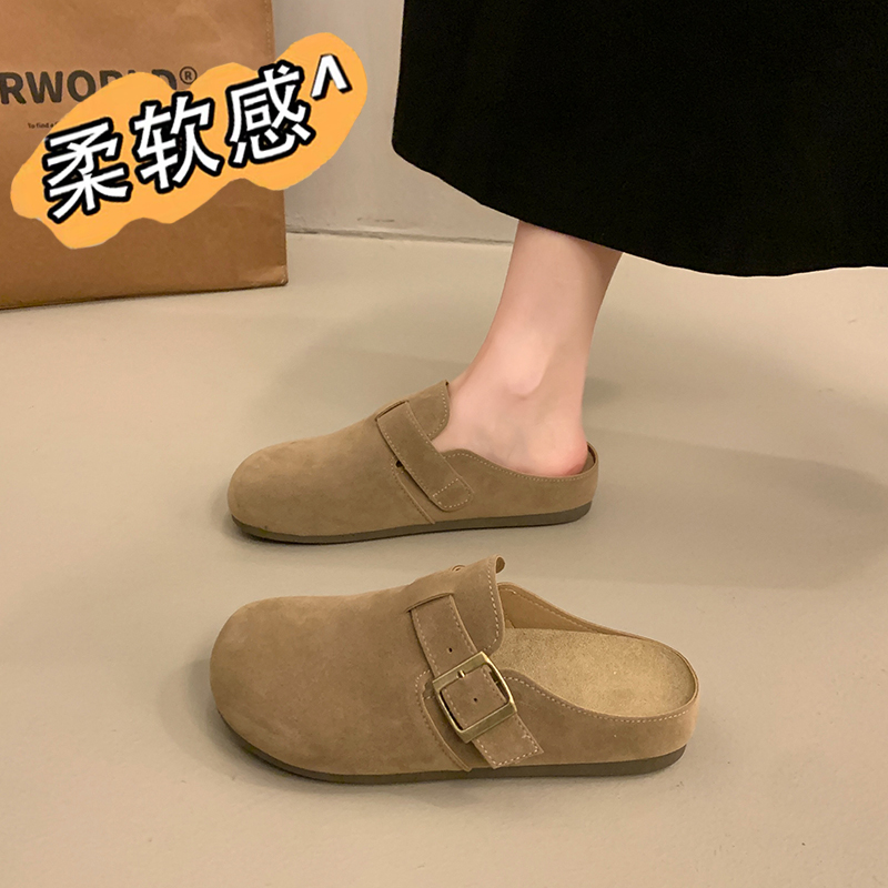 复古真皮勃肯鞋女2025新款秋季平底外穿拖鞋一脚蹬软底女士博肯鞋