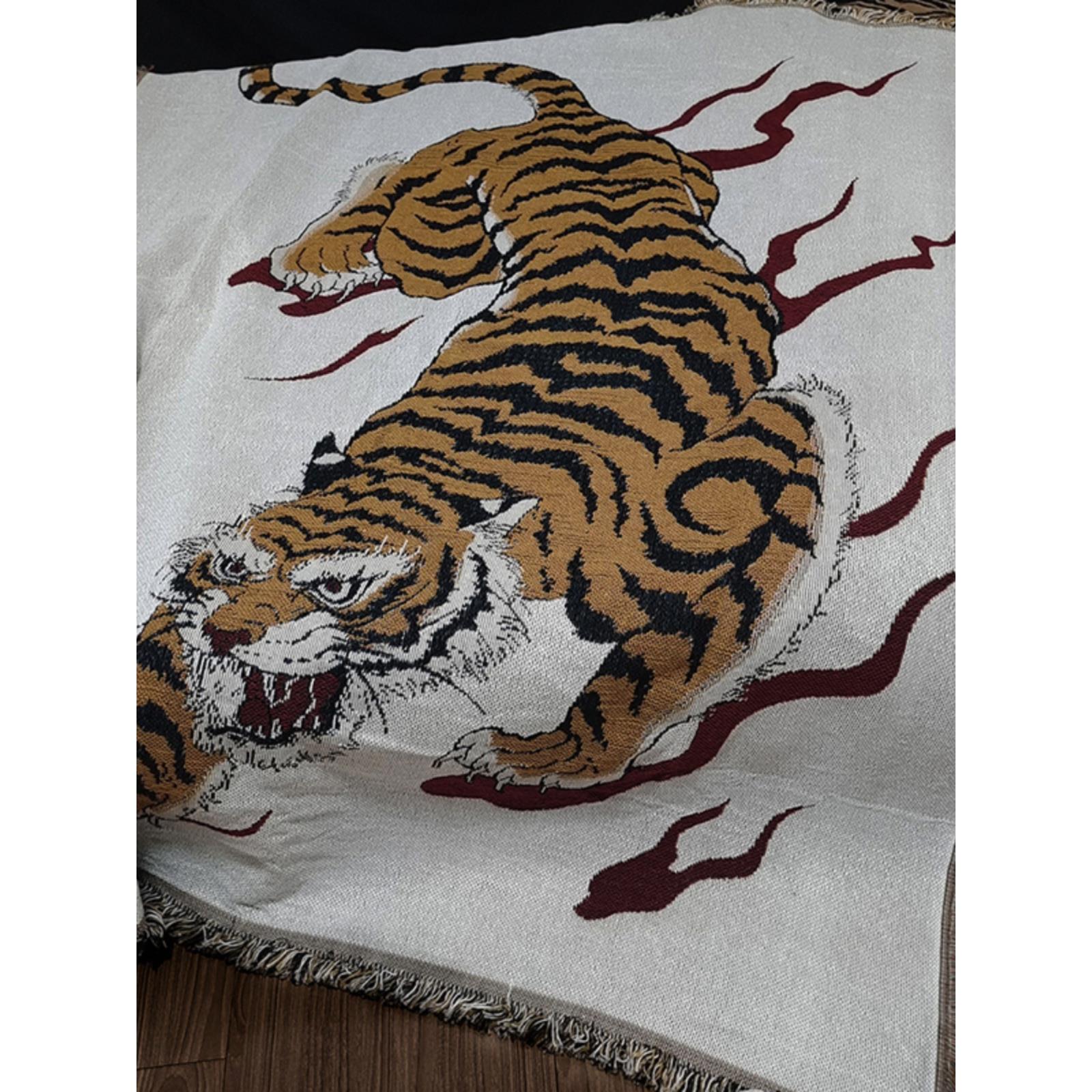 坏血统原创国风老虎中式沙发毯子纹身日式针织毯床单书房传统装饰