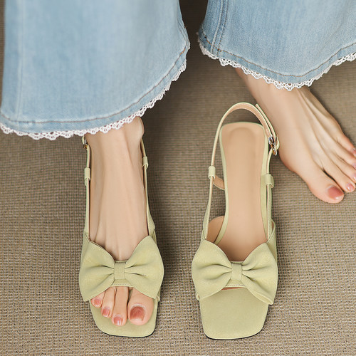 Dale~温柔风蝴蝶结露趾粗跟凉鞋