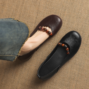 Dale黛迩~文艺女主 复古风串珠真皮浅口单鞋女平底百搭奶奶鞋大码
