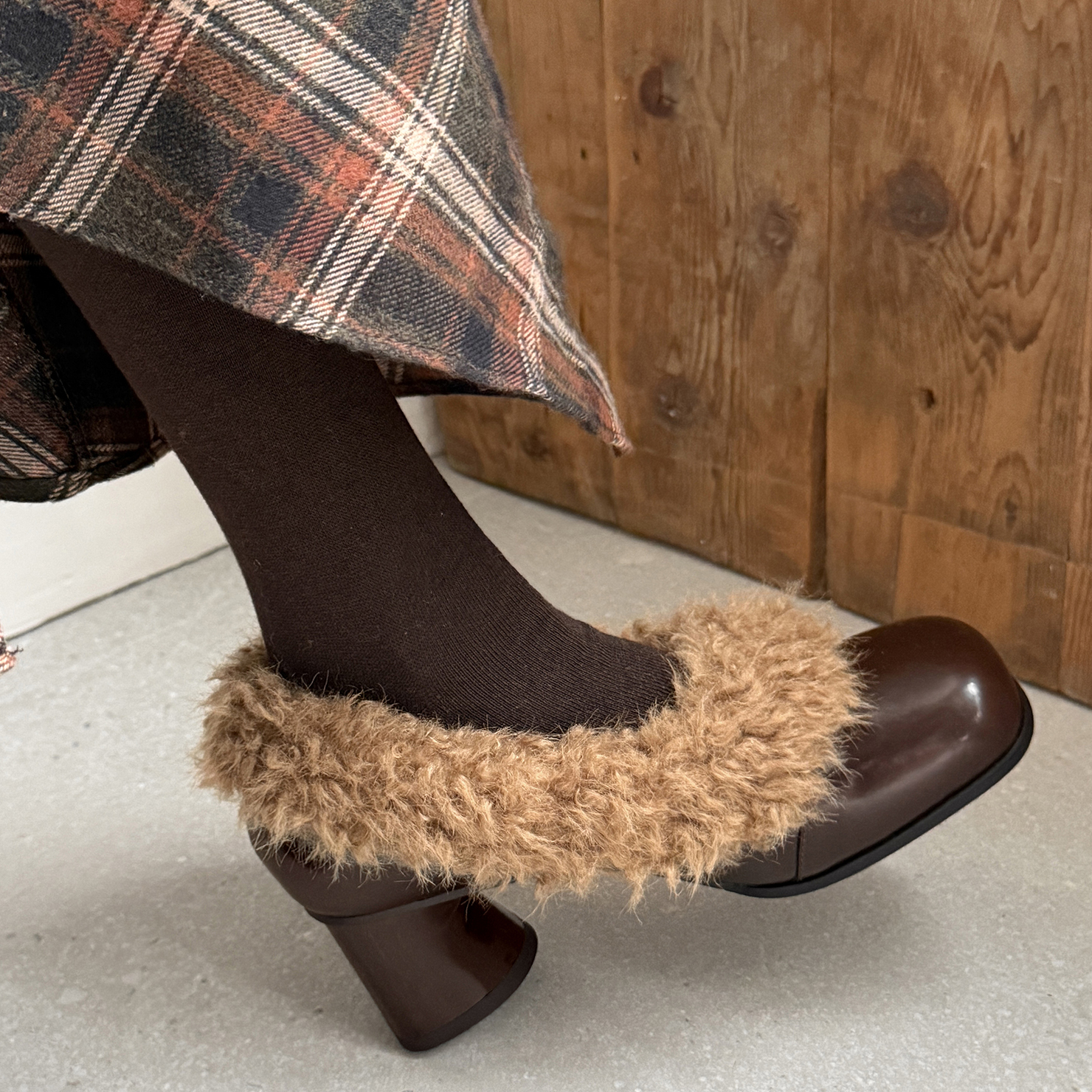 复古方头毛毛玛丽珍鞋女加绒保暖