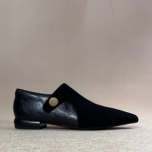 Dale黛迩 ~通勤风深口单鞋女尖头平底拼接绒面百搭工作四季大码鞋