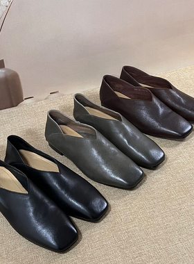 Dale黛迩~高奢级 方头深口单鞋女大码真皮低跟复古风小皮鞋深棕色