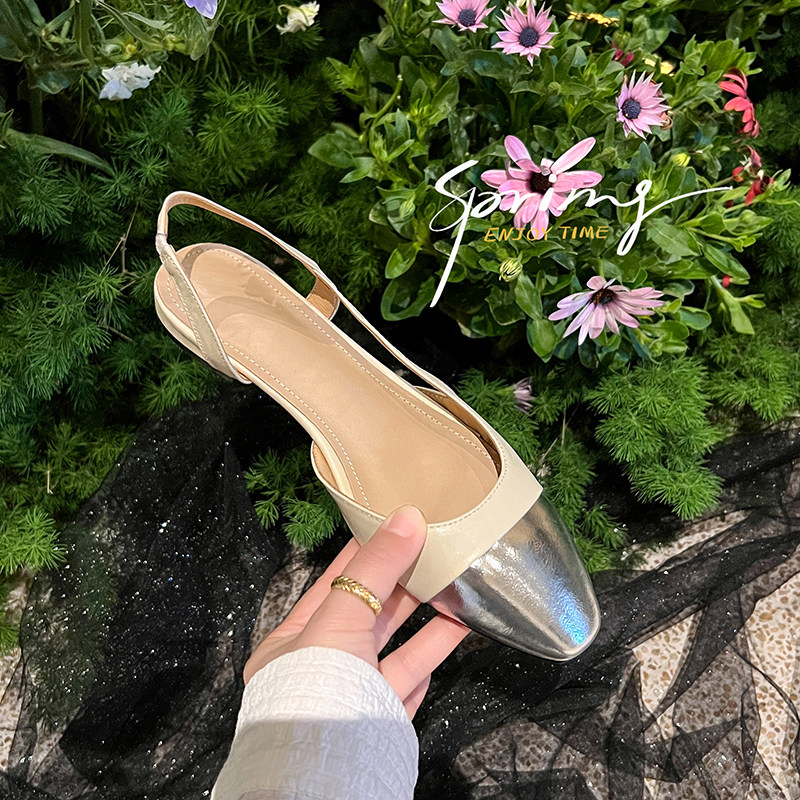 Dale~ins人间绝美 小香风包头凉鞋女拼色平底时尚后空单鞋大码鞋