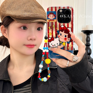 kaia 卡通条纹牛奶妹哈喽kt适用苹果16promax手机壳iphone13新款13带挂绳15女款15promax创意16pro双层手机壳