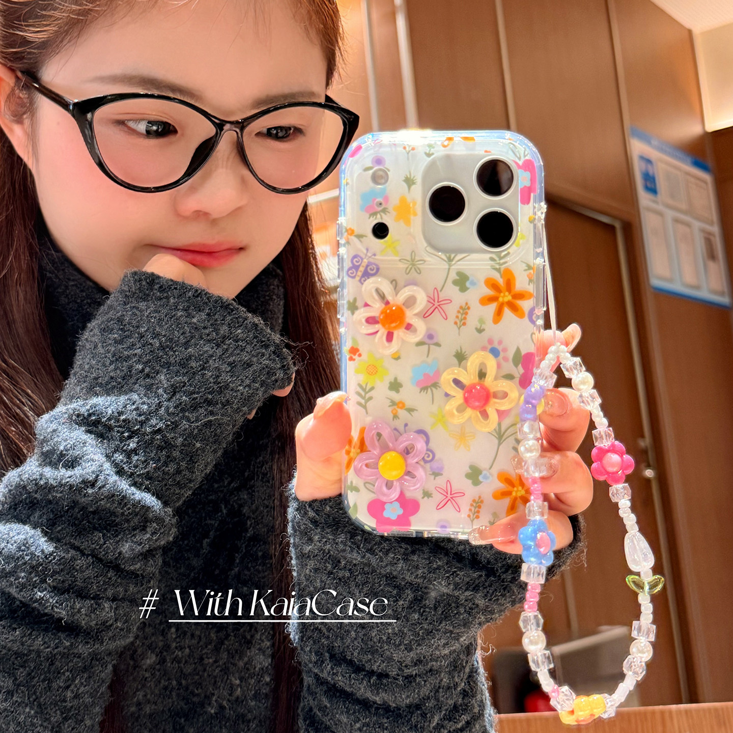 kaia 春款ins彩色立体花朵适用苹果17promax手机壳iphone16pro新款17女14pro带链条15pro全包双层防摔手机套