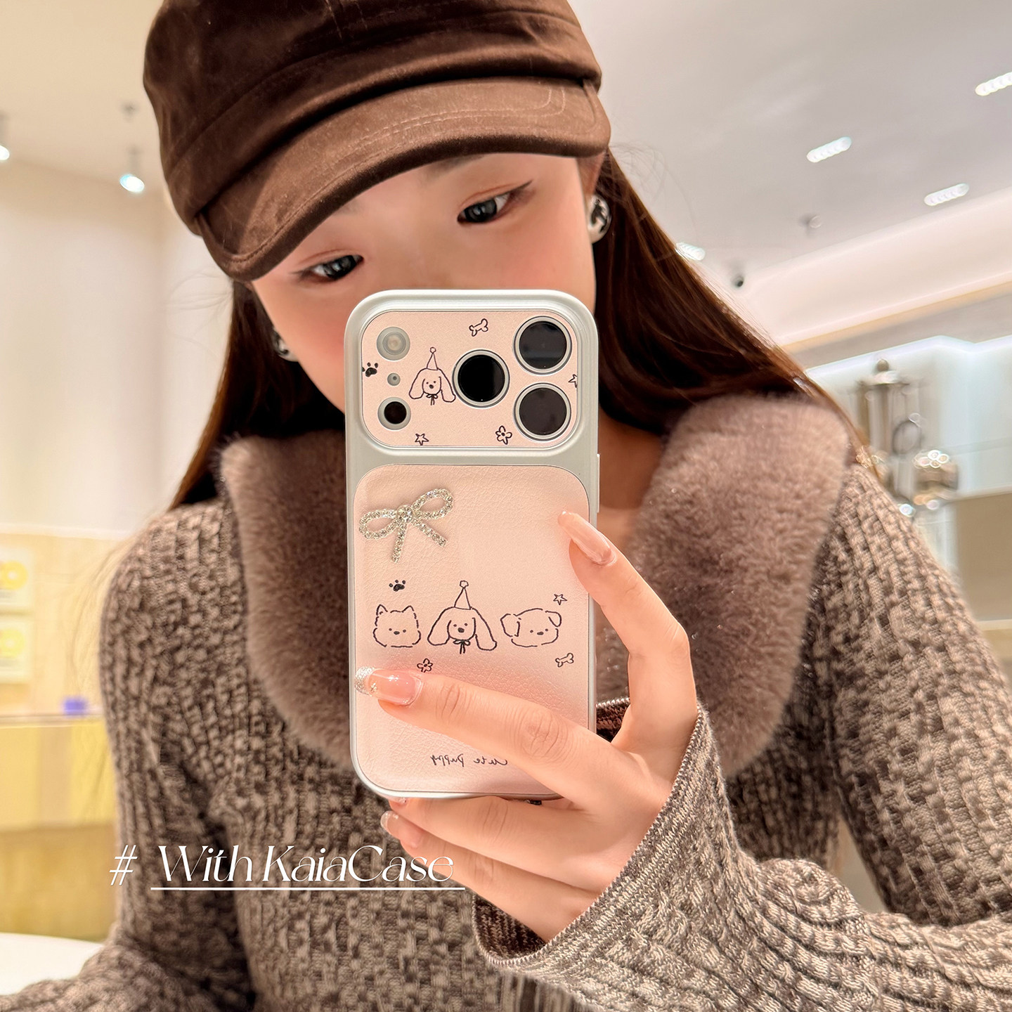 kaia甜美ins粉水钻蝴蝶结简绘狗狗适用苹果17promax手