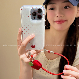 kaia白鹿同款原版简约红波点适用苹果17promax手机壳iphone13新款15女14pro手提挂绳16pro创意双层防摔手机套
