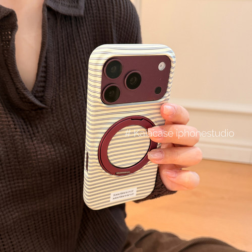 kaia 韩系奶白简约条纹适用于苹果18promax手机壳iphone17pro新款16支点旋转支架15女18pm菲林17pro硬手机套
