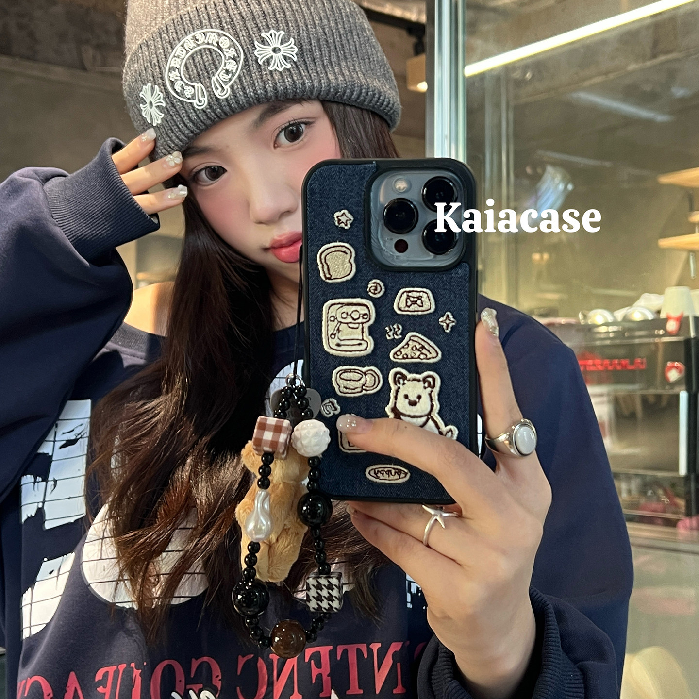 kaia经典ins蓝牛仔刺绣狗狗披萨适用苹果17promax手机