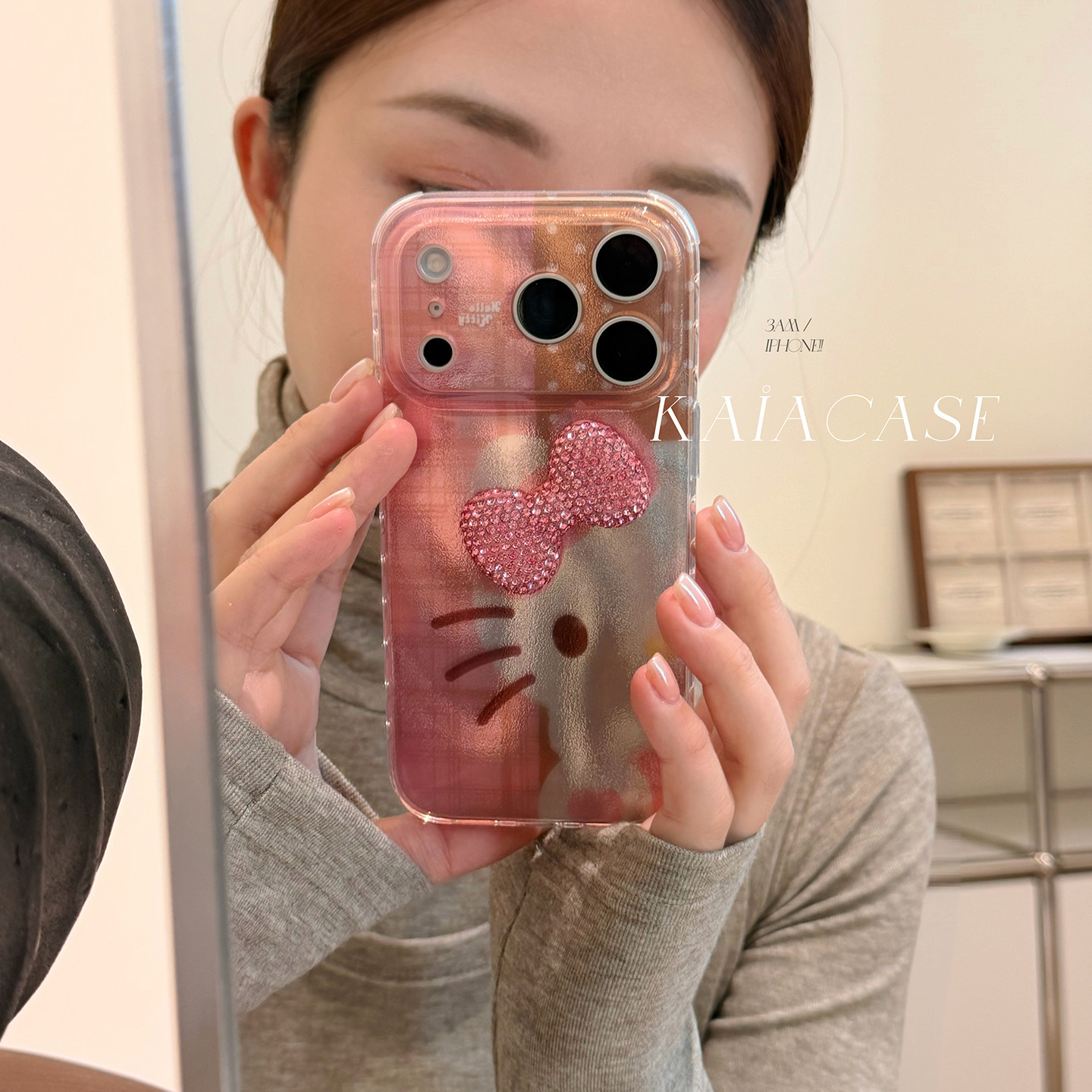 kaia甜美ins格纹哈喽kt粉钻蝴蝶结适用苹果17promax手机壳iphone16pro新款13女14pro创意15pro全包防摔手机套,3C数码配件,手机保护套/壳,淘宝优惠券,粉丝福利购,淘宝优惠卷