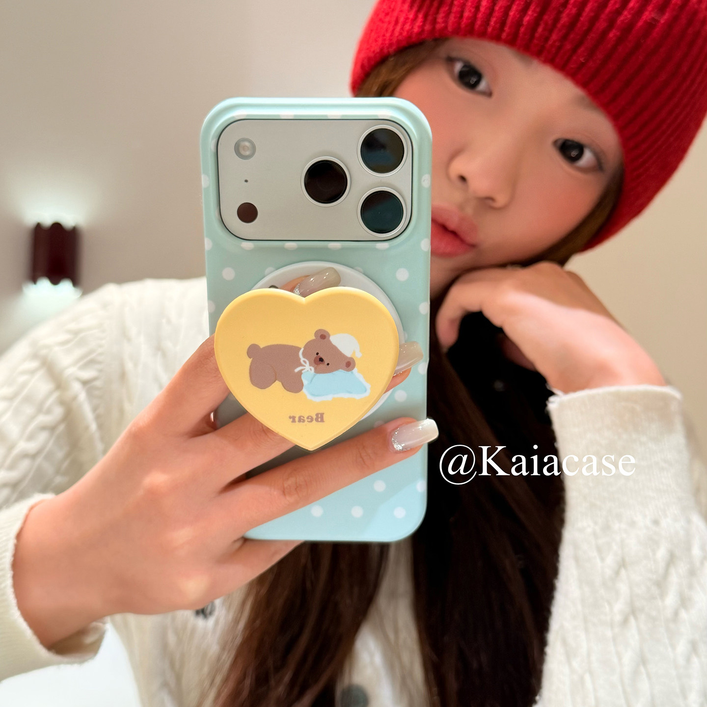 kaia 韩风ins薄荷绿波点小熊适用苹果17promax手机壳iphone16pro新款17女16pro创意支架15pro磨砂防摔手机套