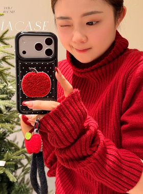 kaia 甜酷黑色系波点刺绣红苹果适用苹果17promax手机壳iphone16pro新款17女14pro绒挂绳15pro皮质防摔手机套