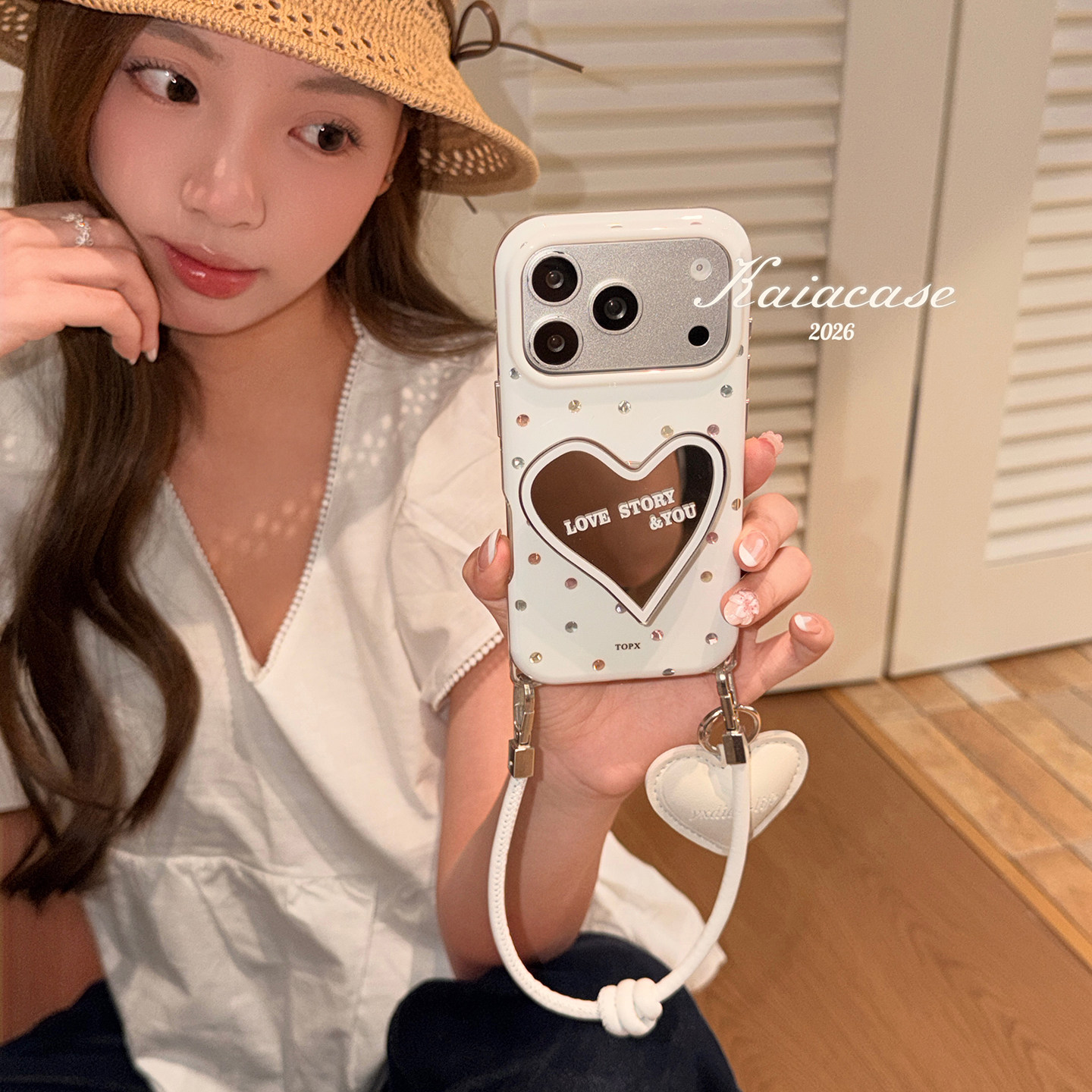 kaia 日韩彩色波点爱心镜面支架适用苹果17promax手机壳iphone16pro新款16女17pro挂绳壳15pro全包防摔手机套