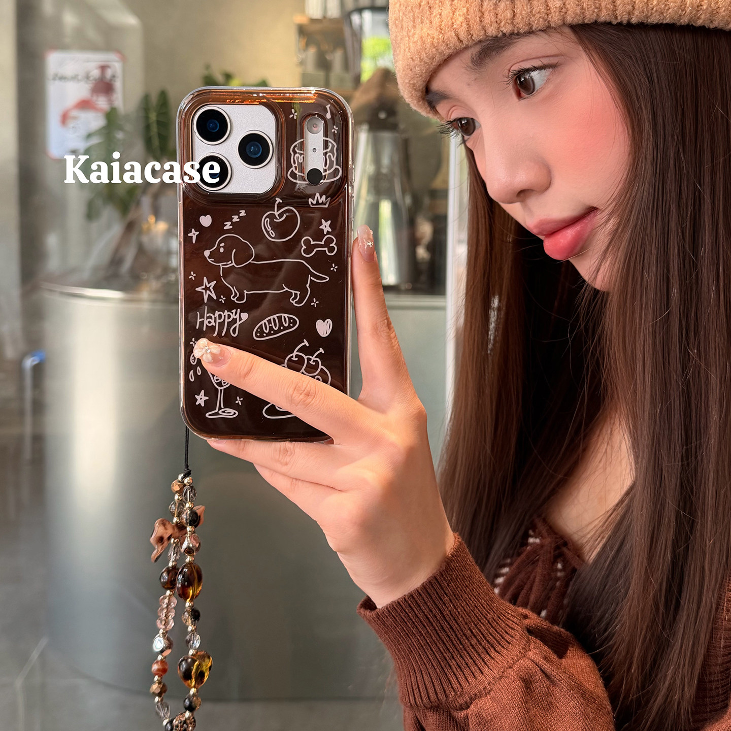 kaia 美拉德棕色手绘线条腊肠狗适用苹果17promax手机壳iphone16pro新款15女14pro带链条15pro全包防摔手机套,3C数码配件,手机保护套/壳,淘宝优惠券,粉丝福利购,淘宝优惠卷