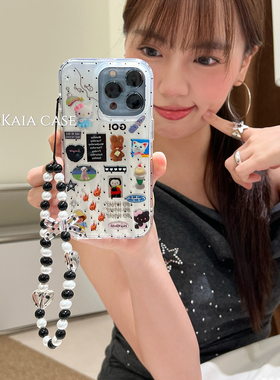 kaia 甜妹ins波点HelloKitty插画适用苹果16promax手机壳iphone13新款15女款14pro带链条16pro全包防摔手机套