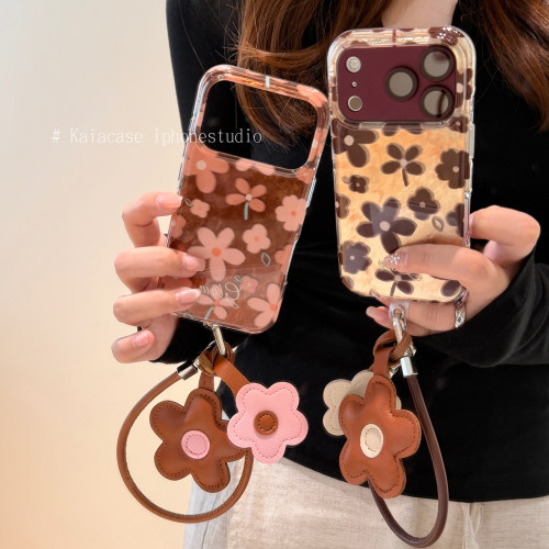 kaia秋冬氛围感美拉德棕花朵适用苹果18promax手机壳iphone17pro新款16带挂绳15女18p全包17pm双层防摔手机套