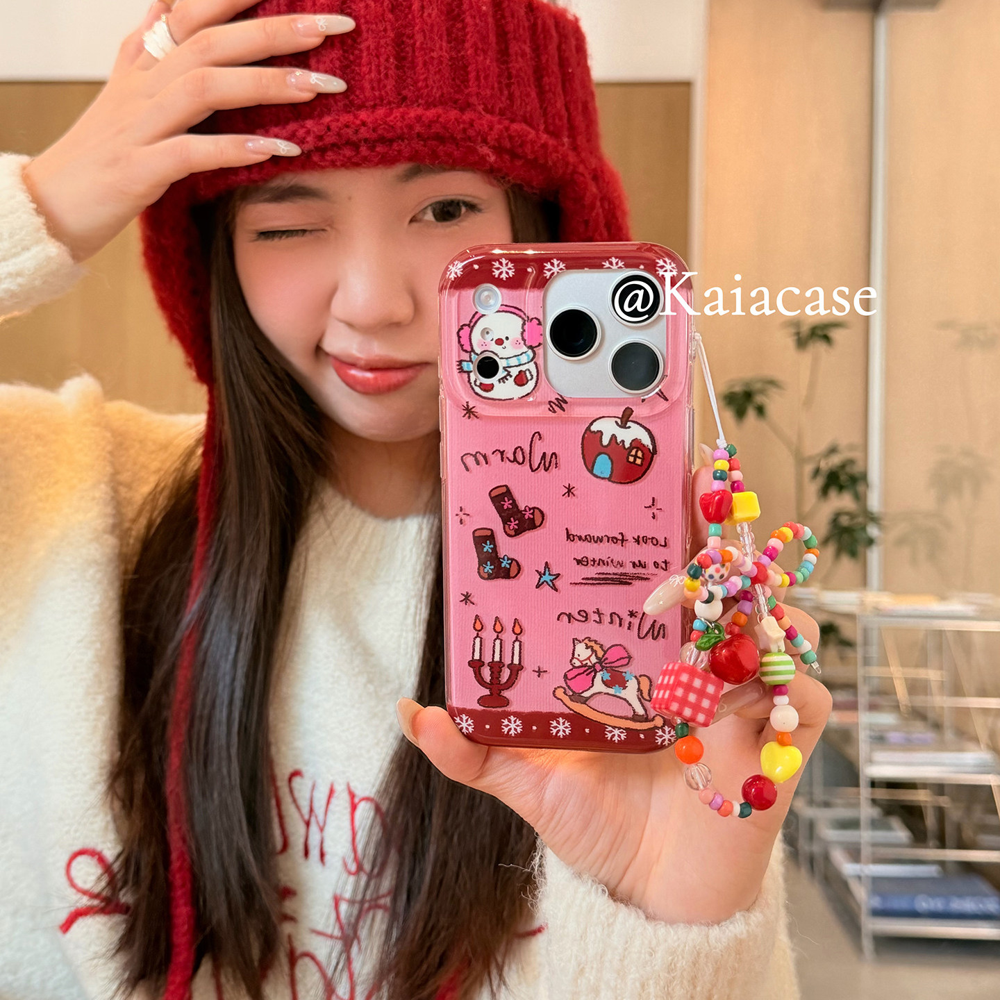 kaia甜美ins粉木马蜡烛雪人插画适用苹果17promax手机