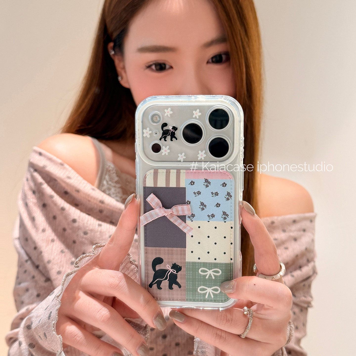 kaia 温柔拼接碎花蝴蝶结适用于苹果18promax手机壳iphone17pro新款16创意15女18pm全包17pro皮质防摔手机套