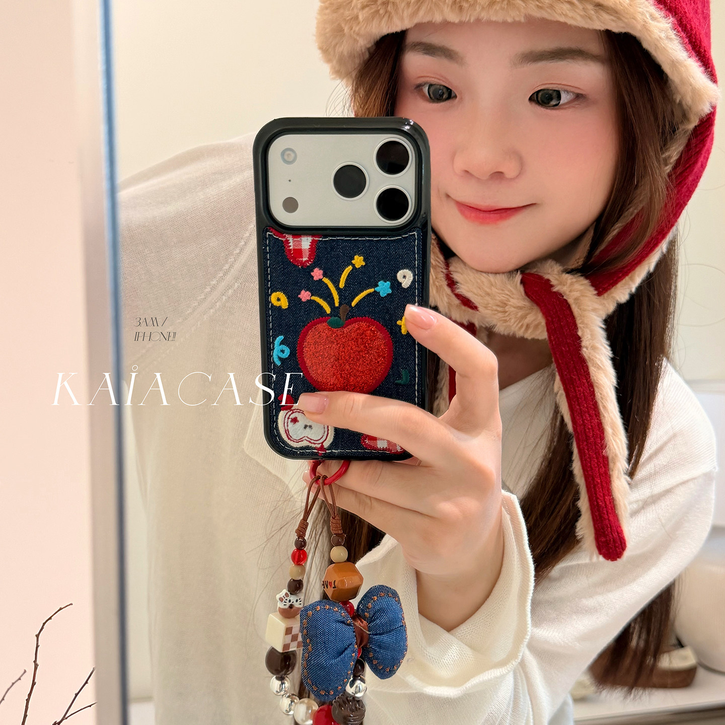 kaia 时髦经典蓝牛仔刺绣红苹果适用于苹果17promax手机壳iphone16pro新款15女14pro带链条15全