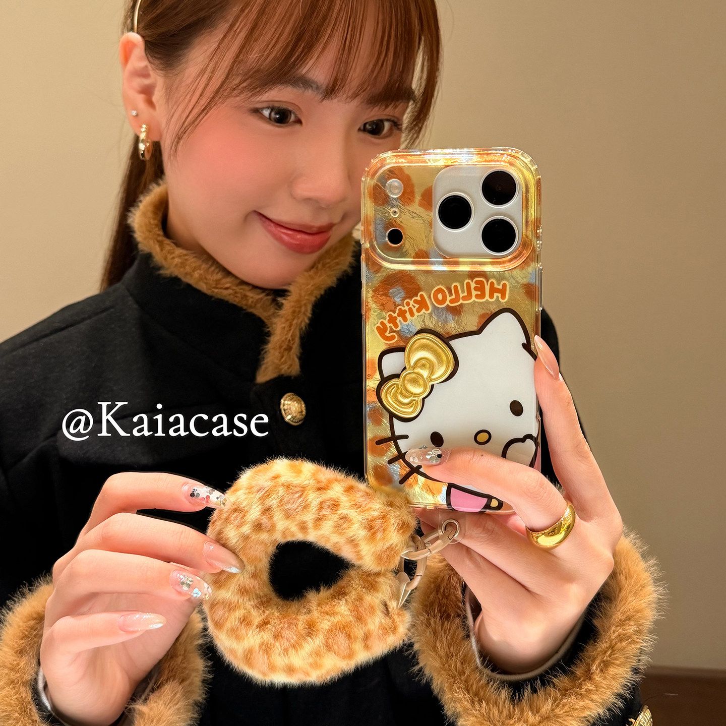 kaia 秋冬款黄豹纹哈喽kt凯蒂猫适用苹果17promax手机壳iphone16pro新款13女14pro绒腕带15pro全包防摔手机套,3C数码配件,手机保护套/壳,淘宝优惠券,粉丝福利购,淘宝优惠卷