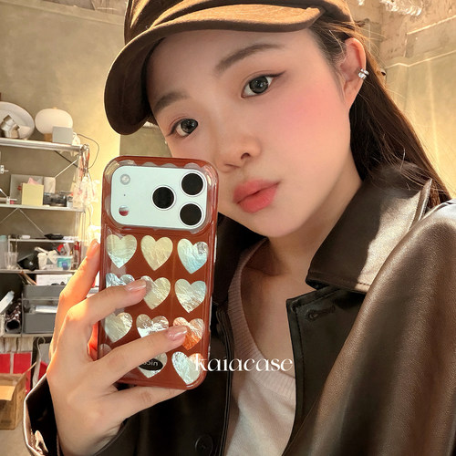 kaia 韩风ins高级感复古棕银爱心适用苹果17promax手机壳iphone16pro新款13女14pro创意15pro全包防摔手机套
