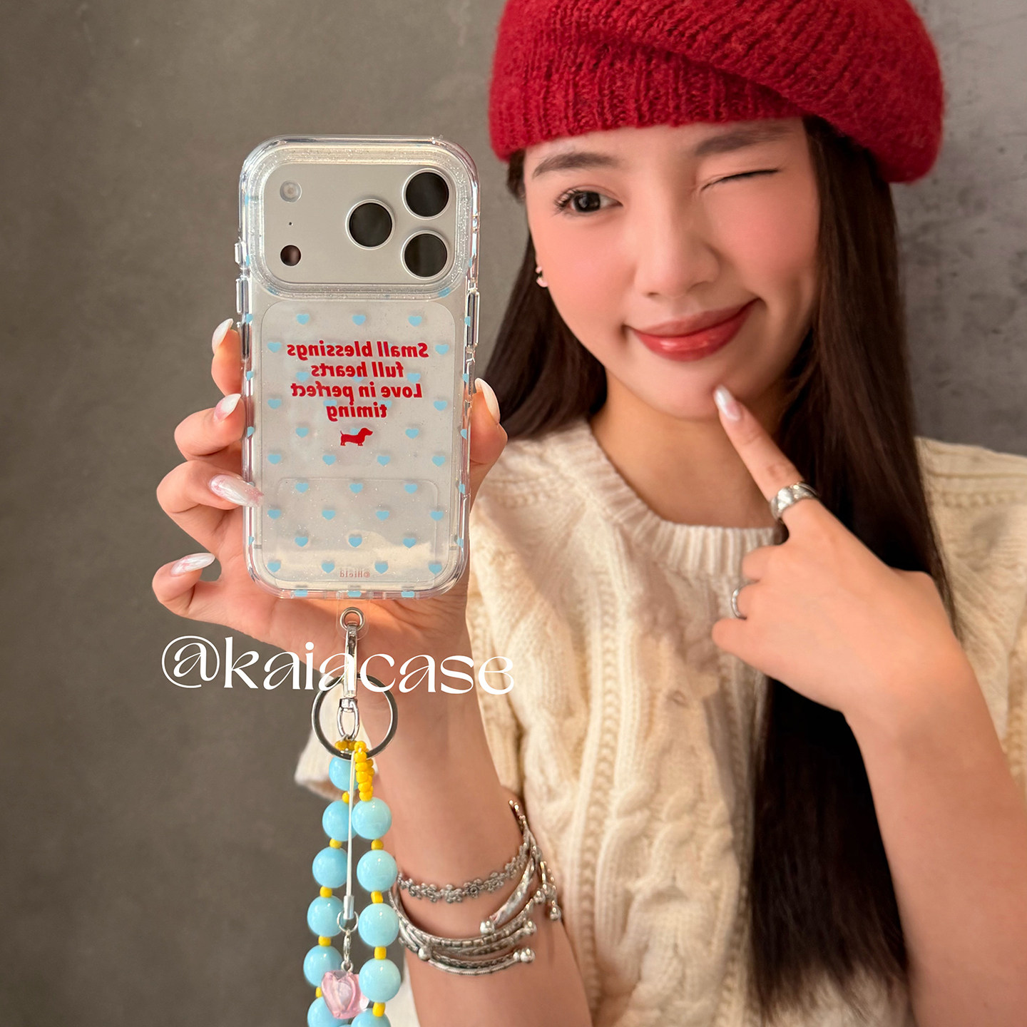 kaia日韩ins简约蓝爱心英文适用苹果17promax手机壳i