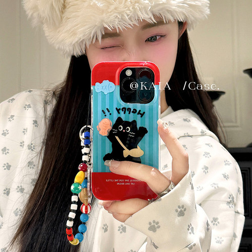 kaia 趣味红蓝条纹黑猫咪适用苹果17promax手机壳iphone17新款卡通挂绳15女16promax双层13旋转14pro手机壳