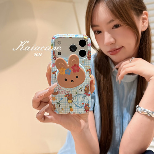 kaia 海边度假风格纹黑皮兔子适用苹果17promax手机壳iphone16pro新款16女17pro磁吸支架15pro全包防摔手机套