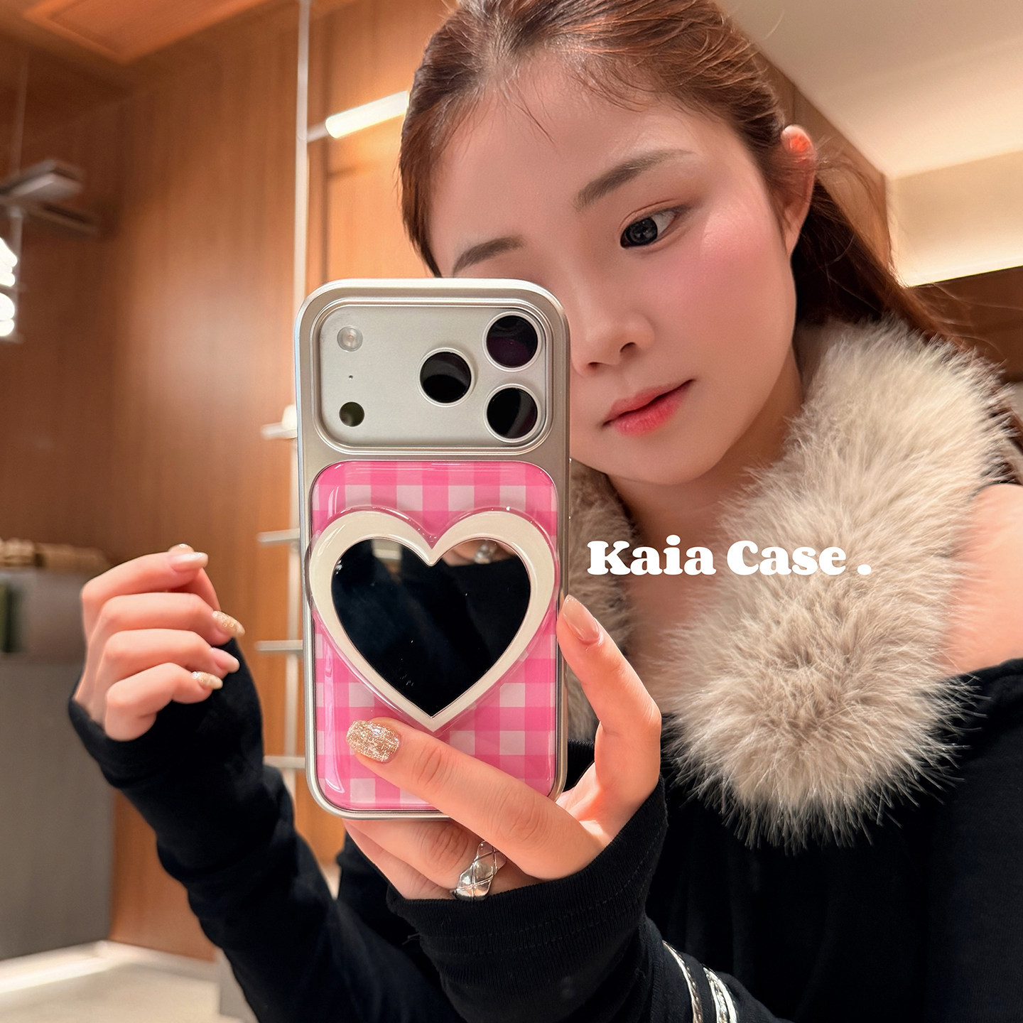 kaia 日韩ins粉格纹爱心镜子适用苹果17promax手机壳