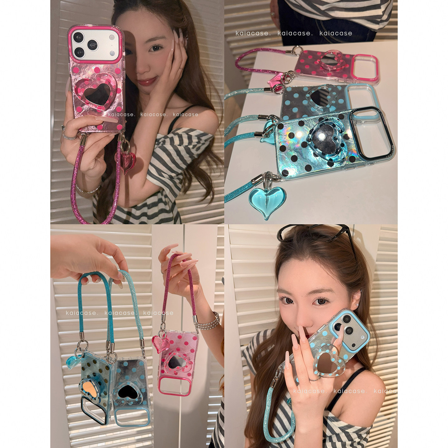 kaia 甜酷ins波点镭射适用苹果17promax手机壳爱心支架iphone16pro新款16女17pro带挂绳15pro全包防摔手机套