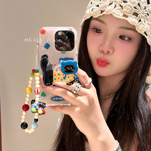 kaia 日韩趣味彩色波点猫咪适用苹果17promax手机壳iphone14新款13带挂绳15卡通14pro支架16promax手机套软边