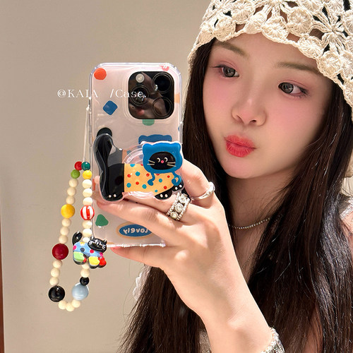 kaia 日韩趣味彩色波点猫咪适用苹果17promax手机壳iphone14新款13带挂绳15卡通14pro支架16promax手机套软边