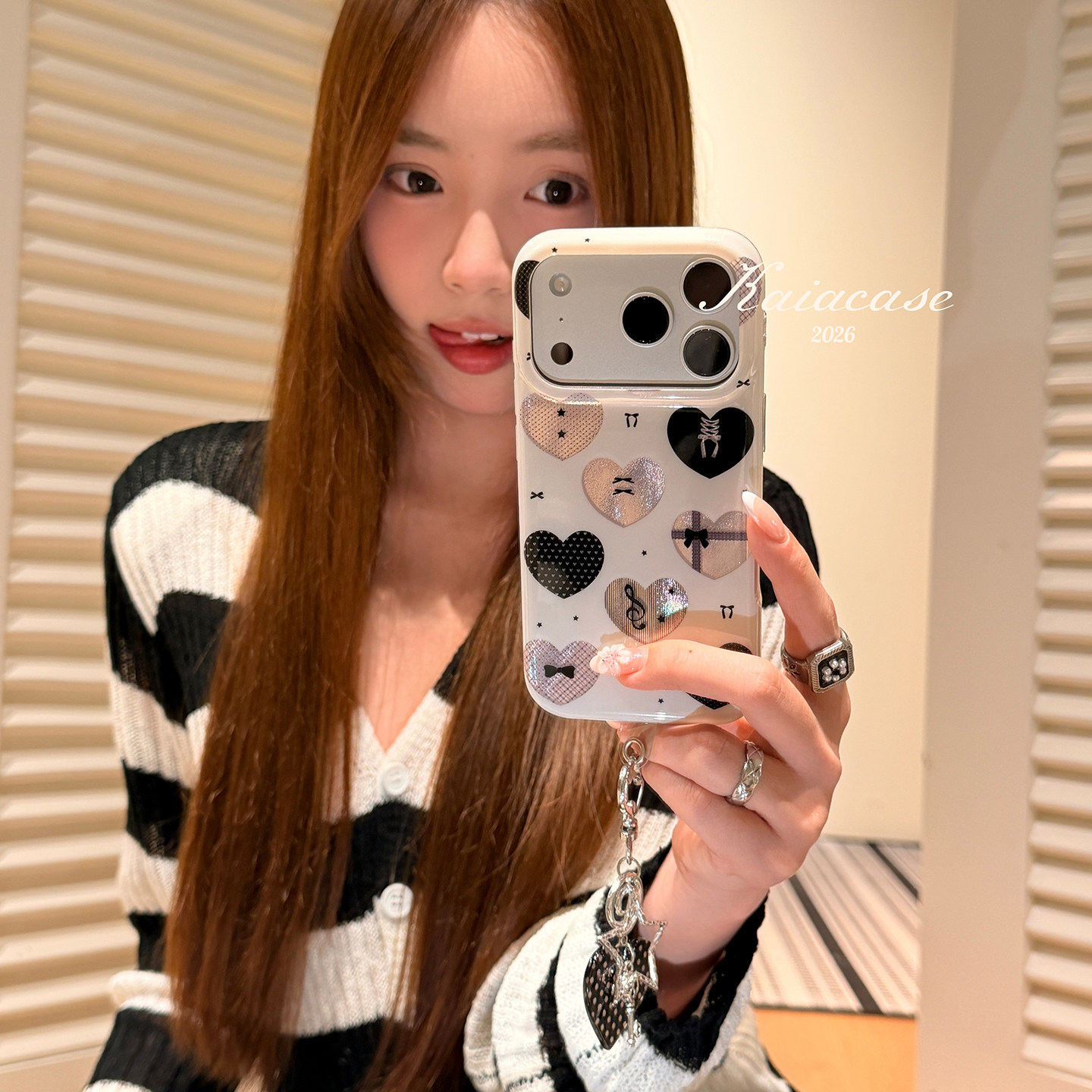 kaia 甜酷镭射波点爱心蝴蝶结适用于苹果17promax手机壳iphone16pro新款16女17pro带挂件15pro全包防摔手机套