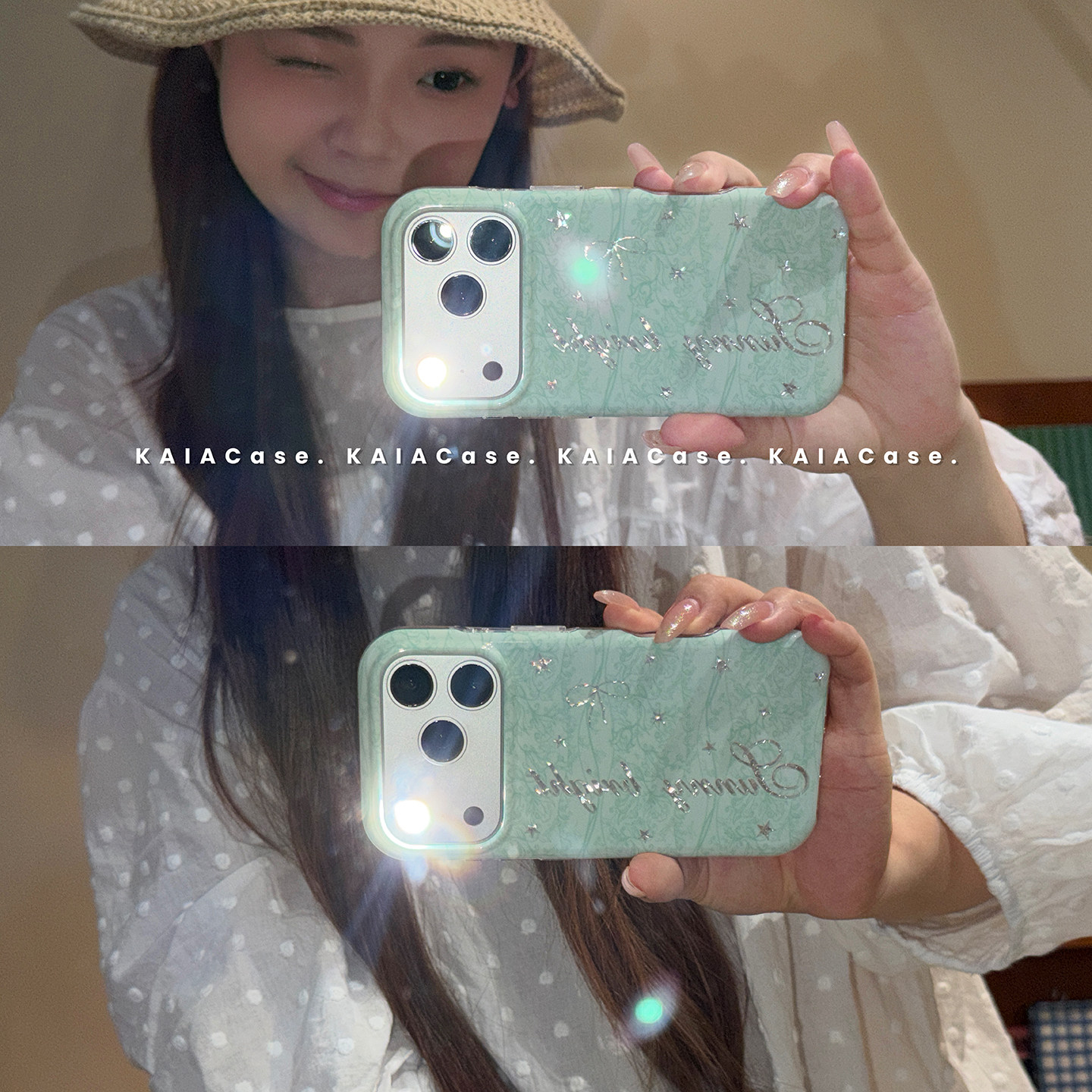 kaia 薄荷绿蝴蝶结藤蔓花纹适用于苹果17promax手机壳iphone16pro新款16女17pro创意15pro全包双层防摔手机套