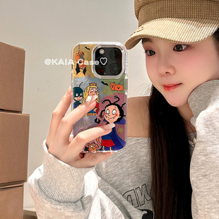 kaia 趣味卡通小魔女蒙娜适用苹果17promax手机壳iphone13新款13双层镭射15女款15promax全包17pro防摔手机套