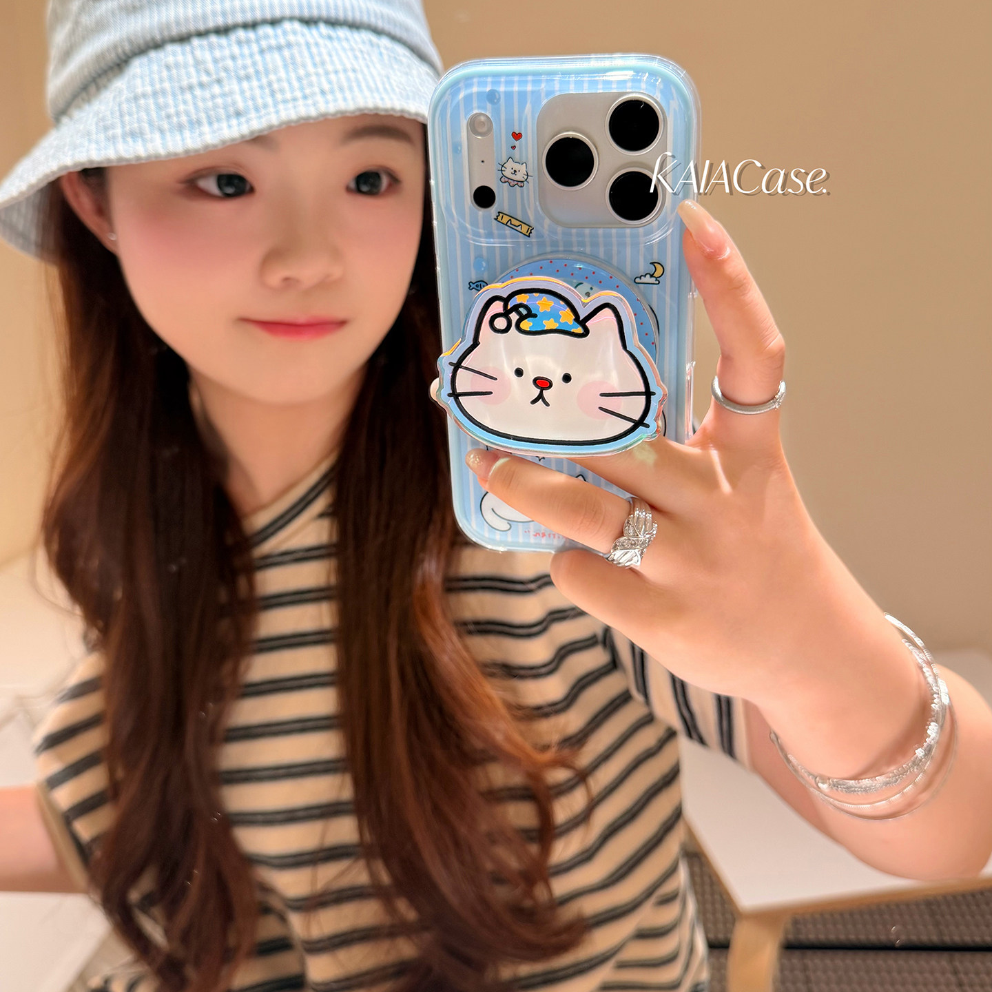 kaia 蓝白条纹可爱睡帽猫咪适用苹果18promax手机壳iphone17pro新款16女17pro磁吸支架15pro二合一防摔手机套