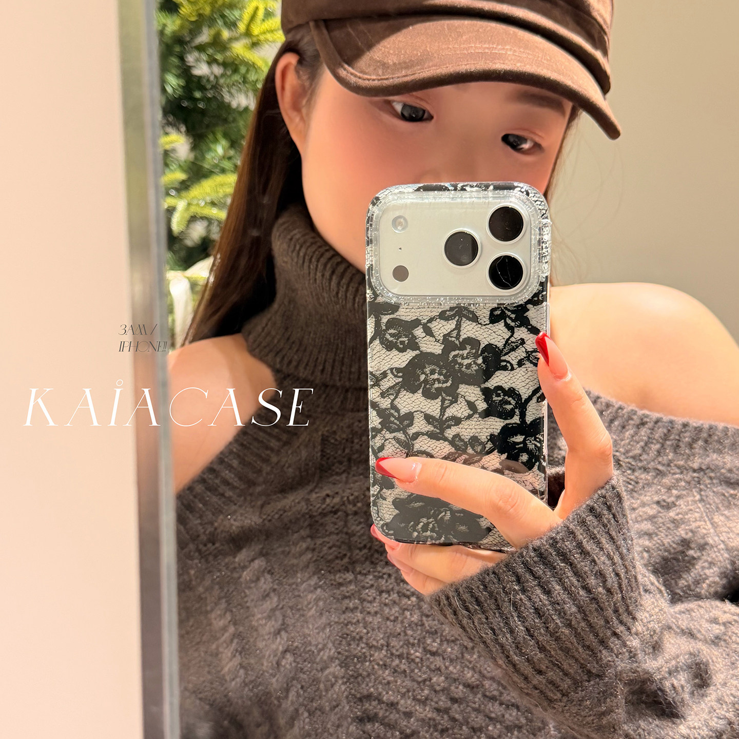 kaia 时髦ins辣妹透明蕾丝网花朵适用苹果17promax手