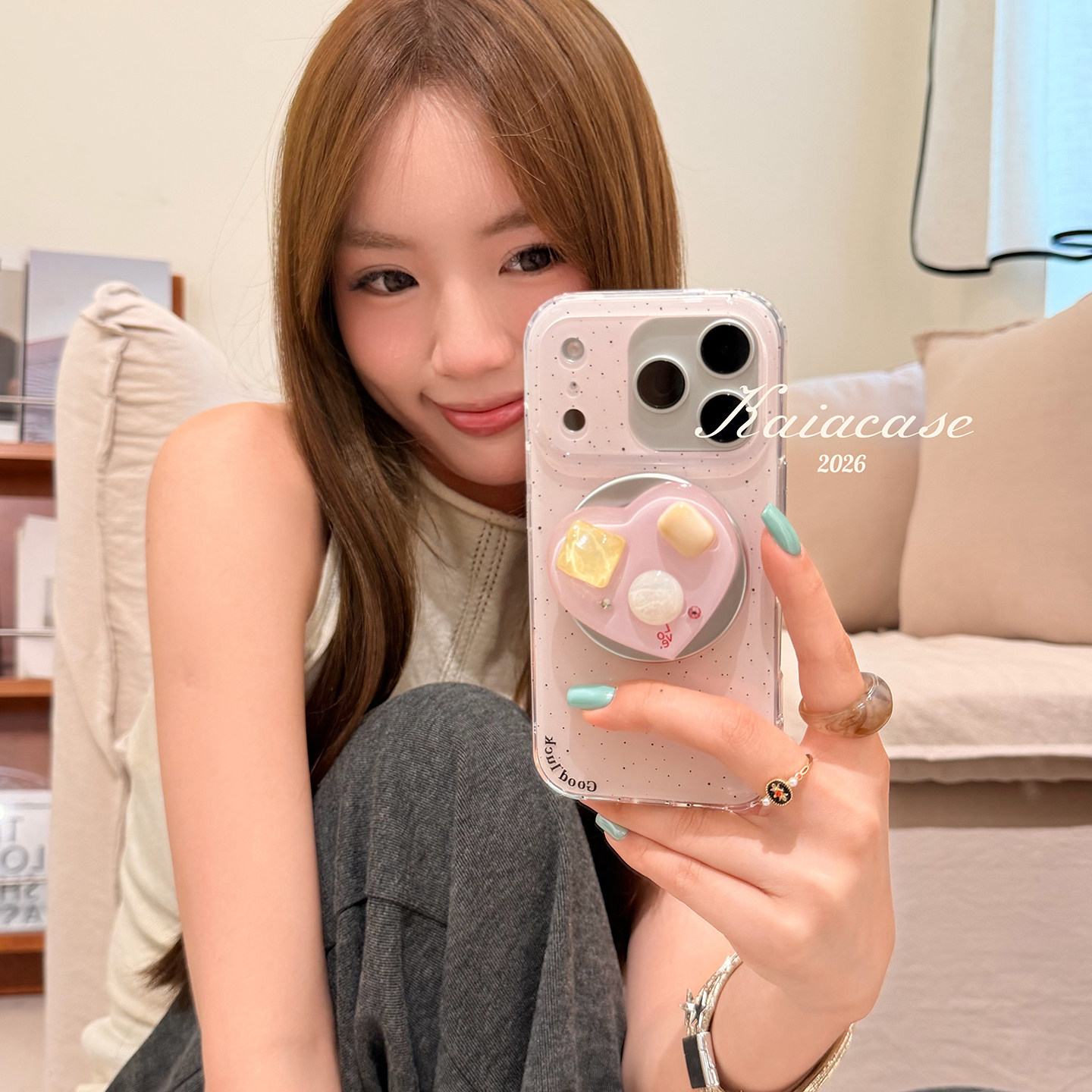 kaia 温柔粉泼墨立体爱心珍珠适用苹果18promax手机壳iphone17pro新款16女15pro磁吸支架14pro全包防摔手机套