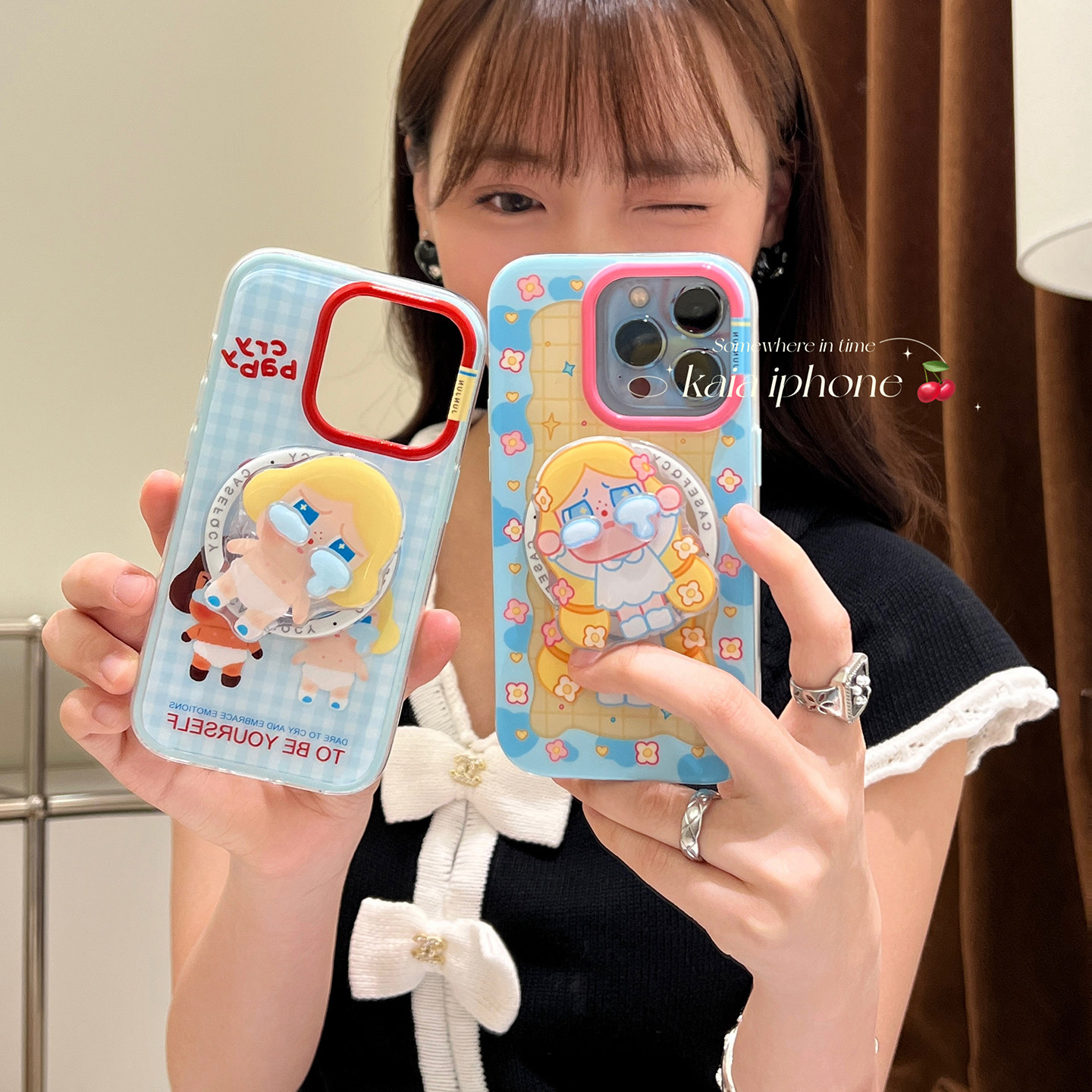 kaia 趣味ins格纹可爱卡通哭娃适用苹果16promax手机壳iphone13新款15女14pro磁吸支架16pro二合一防摔手机套,3C数码配件,手机保护套/壳,淘宝优惠券,粉丝福利购,淘宝优惠卷