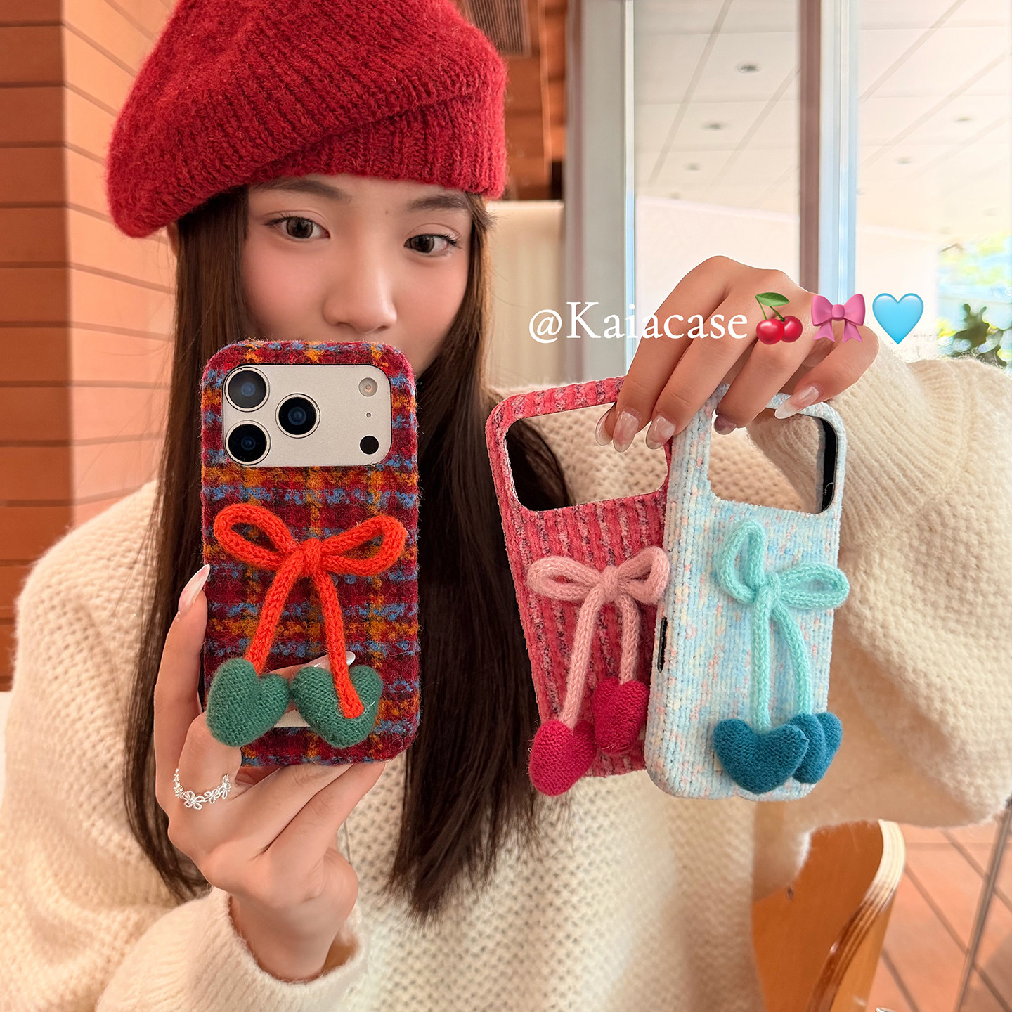kaia 秋冬格纹绒布爱心蝴蝶结标签适用苹果17promax手机