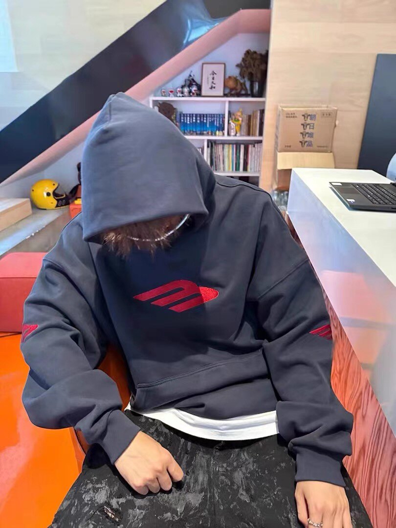 （现货）23ssSporty3B百灵达刺绣蓝灰色水洗做旧连帽套头卫衣