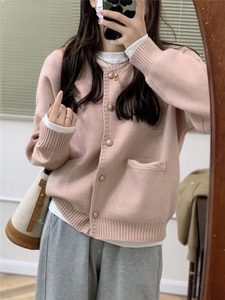 黄色小香风针织开衫女秋冬慵懒风高级感温柔软糯内搭圆领毛衣外套