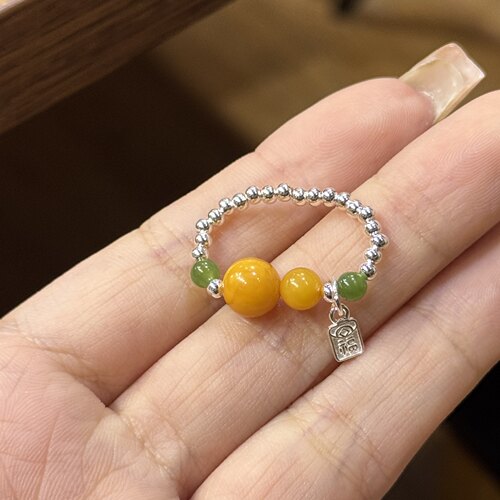 蜜蜡葫芦银珠戒指