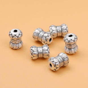 999足银3D硬银莲花回纹桶珠隔珠散珠 手工编织材料首饰diy配件