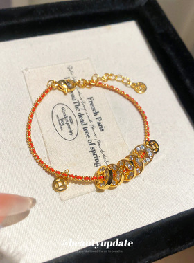 真金电镀编织绳铜钱手链新中式国风复古气质手环轻奢高级感手饰女