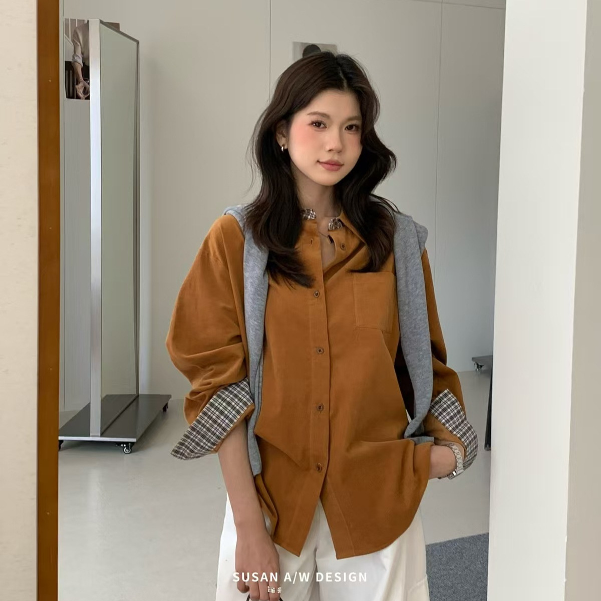 苏珊 韩版衬衫女长袖宽松休闲新款纯色衬衣简约学院风衬衣TW731