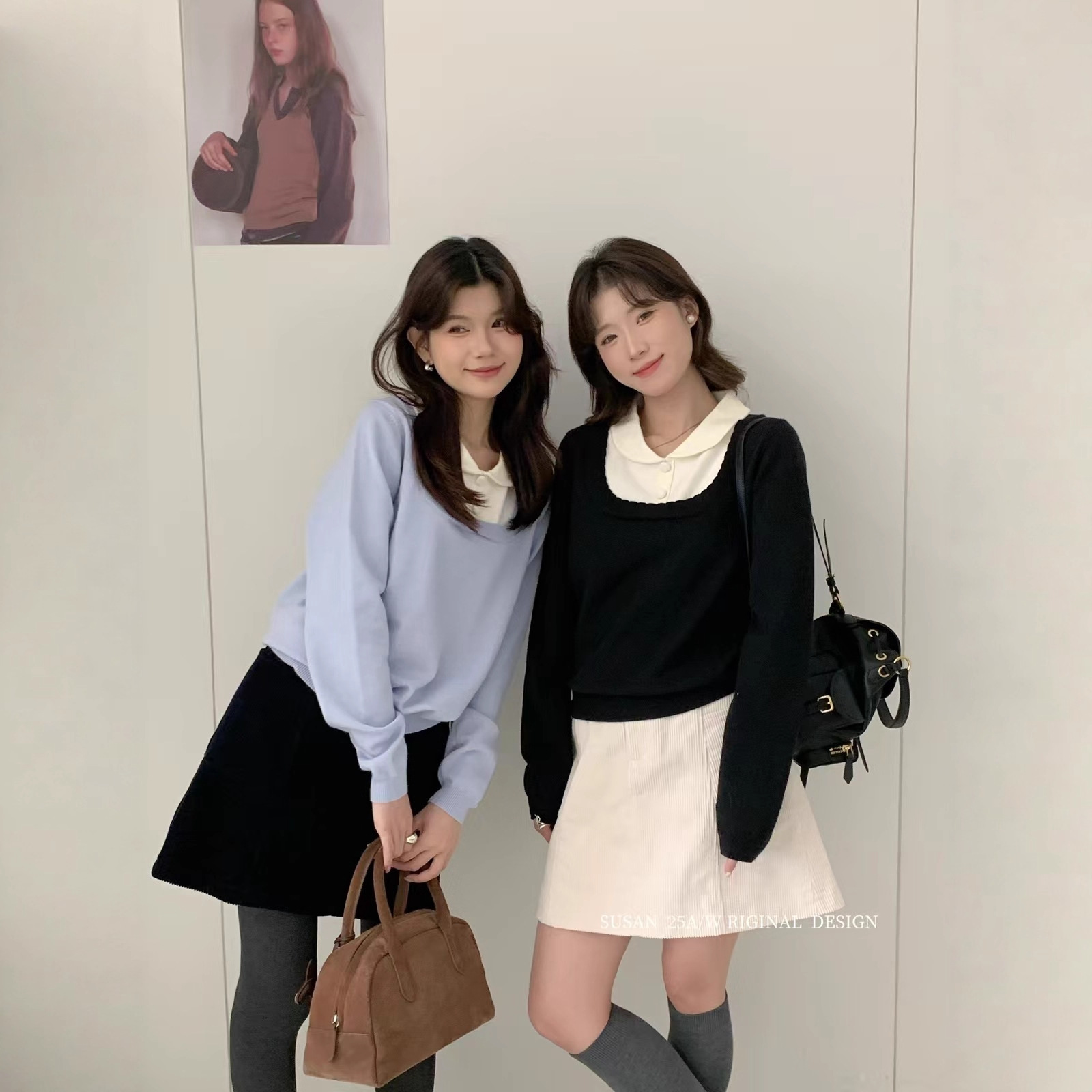 苏珊 法式设计感假两件撞色娃娃领针织衫女2025秋冬小众上衣665S