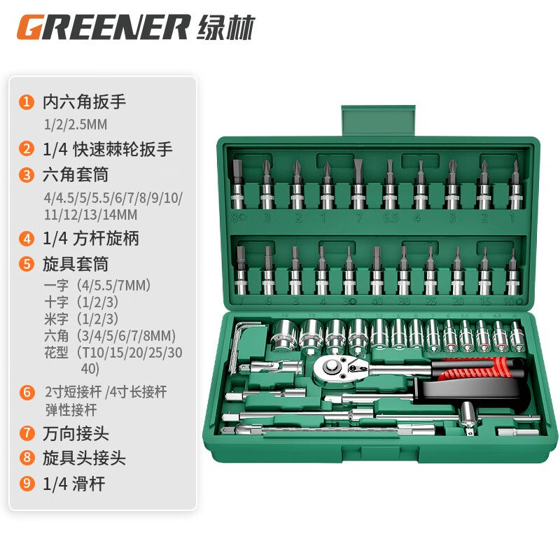 绿林（GREENER）专业汽修工具套装大中小飞快速棘轮套筒扳手工具